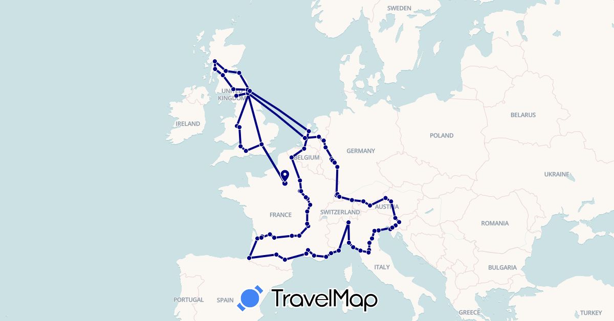 TravelMap itinerary: driving in Austria, Belgium, Germany, France, United Kingdom, Italy, Netherlands, Slovenia (Europe)